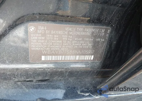 2008 BMW 335I z USA, uszkodzony, nr VIN WBAVB77588NM05917